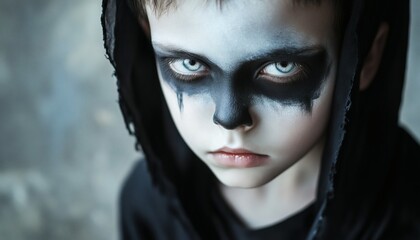 A young boy with white and black face paint is wearing a dark hooded garment.