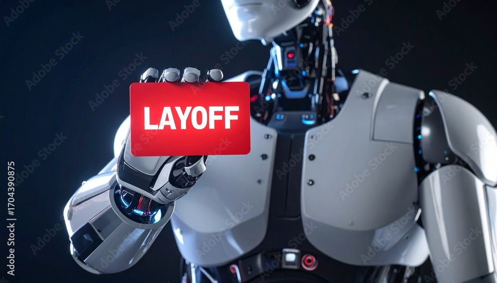 Poster a robot displaying a 'layoff' sign, representing the impact of automation on employment. the robot's