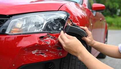 A person inspects the damage after a car accident, focusing on the damaged headlight and front bumper