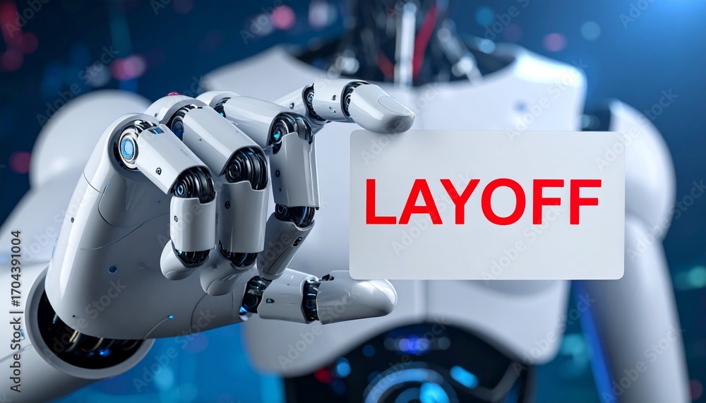 Poster a robotic hand presents a card displaying the word layoff, symbolizing job displacement and the impa
