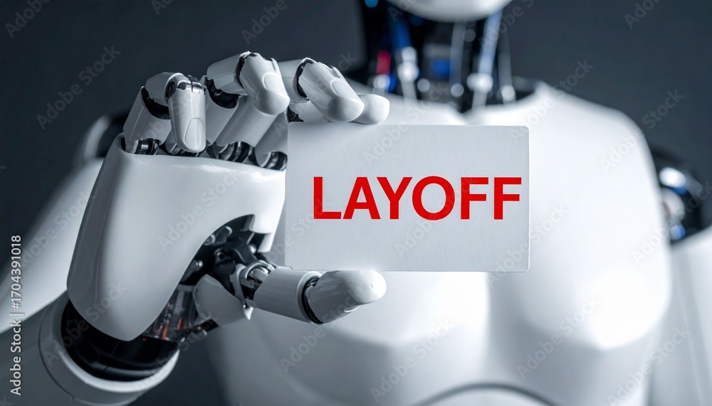 Poster a robot displaying a card with the word layoff on it, potentially symbolizing job displacement