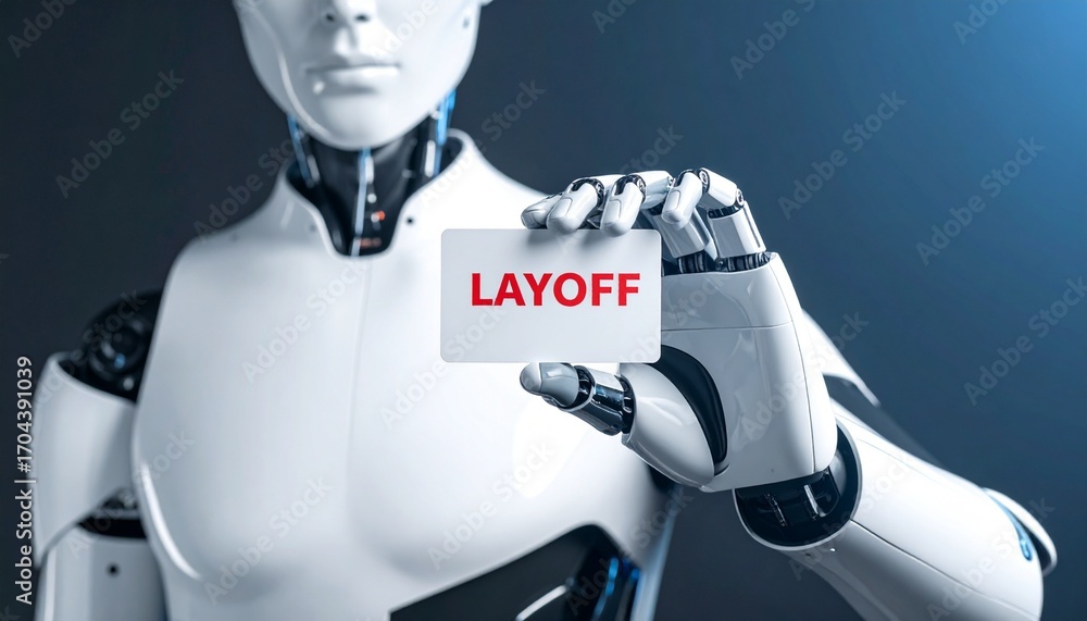 Poster a robot holding a card with the word layoff written on it, suggesting job displacement due to automa