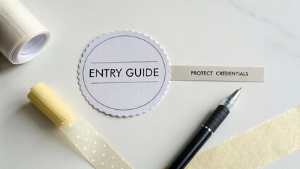 Entry Guide with Protect Credentials Label and Writing Tools on Table