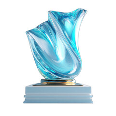 Abstract, light-blue glass vase with a sculpted form, mounted on a light-blue pedestal base with gold trim
