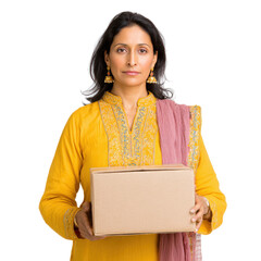 Obraz premium South Asian woman in yellow kurta holding a cardboard box on white background