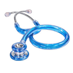 A bright, translucent blue medical stethoscope