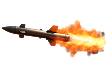Dark Missile Launching with Fiery Exhaust and Smoke Trail rocket weapon isolated on a transparent background