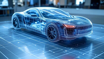 A futuristic and stylish car is digitally rendered with a transparent, wireframe design, highlighting its internal mechanics and sleek contours