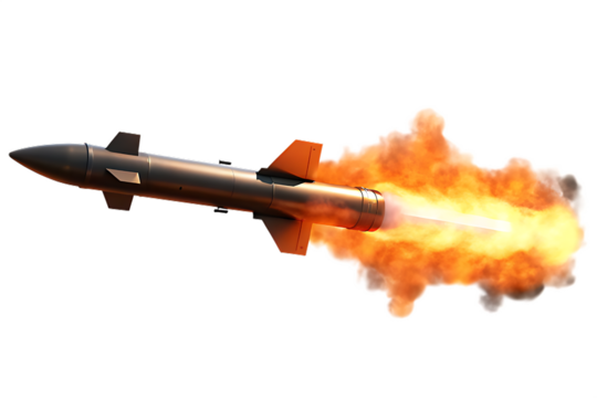 Dark Missile Launching with Fiery Exhaust and Smoke Trail rocket weapon isolated on a transparent background