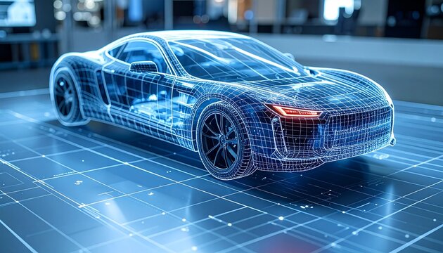 A futuristic and stylish car is digitally rendered with a transparent, wireframe design, highlighting its internal mechanics and sleek contours