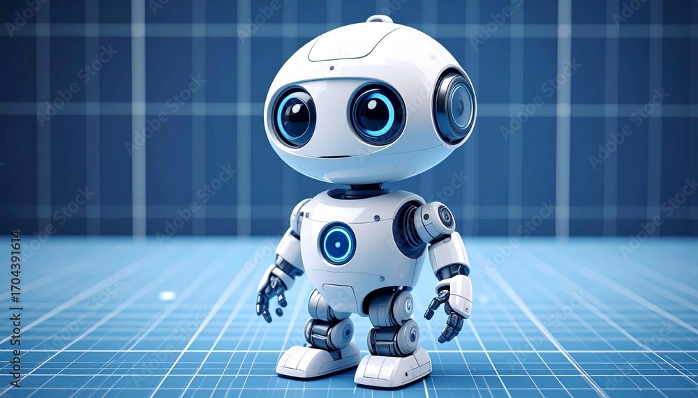 Poster an adorable and charming robot stands out against a backdrop of a digital blueprint