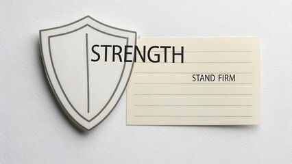 Strength Concept with Shield and Inspirational Card on White Background