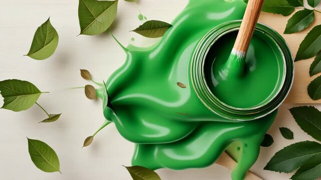 Vibrant green paint splash with leaves: artistic creation unfolding on wooden canvas