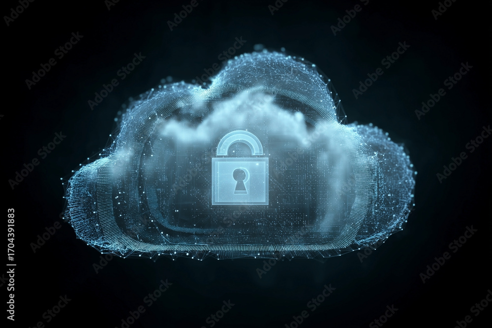 Poster secure cloud computing: digital cloud with padlock symbolizes data protection, privacy, and informat