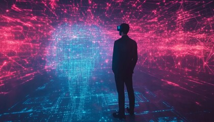 The illustration shows a person in a virtual reality headset observing a sphere-shaped network of glowing lines against a backdrop of pink and blue digital streams.