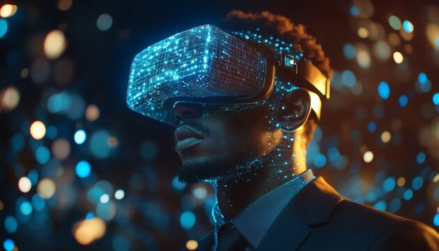 The illustration depicts a man in a suit using a VR headset, his face and suit illuminated by a network of blue and orange lights against a dark bokeh background.