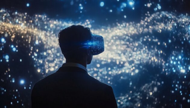 A man in a suit uses a virtual reality headset to view a digital representation of a city at night, illuminated by bright lights. - Powered by Adobe