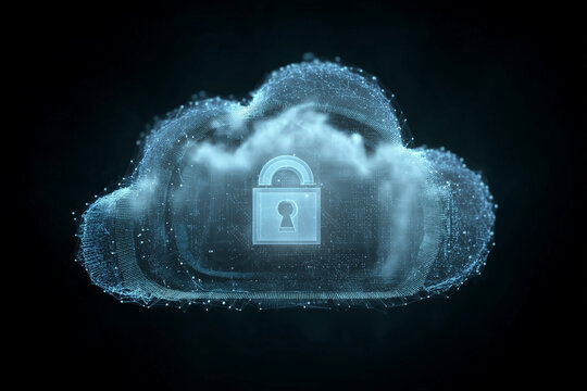 Secure Cloud Computing: Digital cloud with padlock symbolizes data protection, privacy, and information security in the digital age.