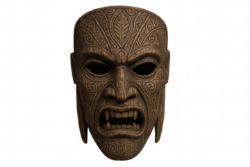 Weathered wooden maori tiki mask displaying traditional polynesian carving details, isolated on transparent background