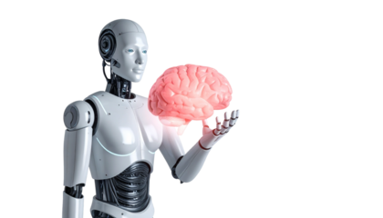 A humanoid robot holding a glowing human brain in its hand. A conceptual image of artificial intelligence and cognitive abilities