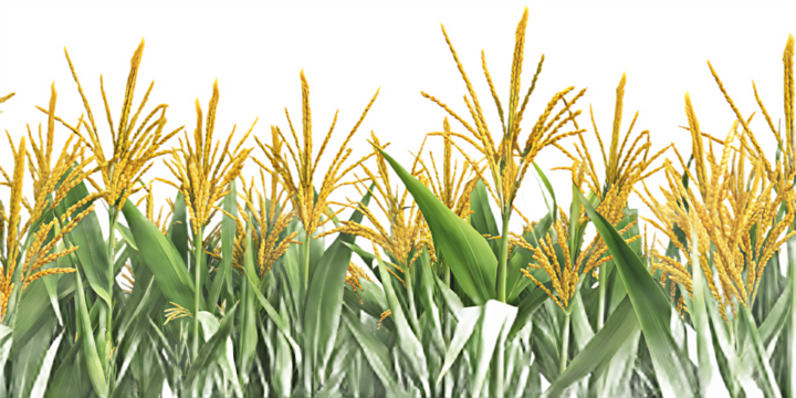 Detailed corn plants with green leaves and yellow tassels on white background maize isolated on a transparent background