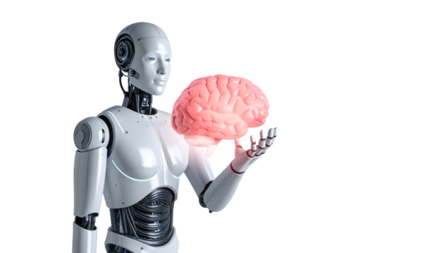 A humanoid robot holding a glowing human brain in its hand. A conceptual image of artificial intelligence and cognitive abilities
