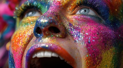 Obraz premium happy birthday the colorful extravaganza female face adorned with party makeup or glitter their expression conveying a sense of playful joy and excitement