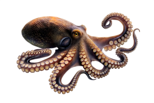 Detailed octopus with curled tentacles and suckers on background Keywords: octopus, marine isolated on a transparent background - Powered by Adobe