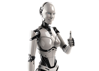 Female Android Robot With Blue Eyes Giving Thumbs Up poster isolated on a transparent background