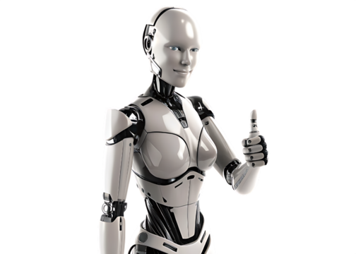 Female Android Robot With Blue Eyes Giving Thumbs Up poster isolated on a transparent background