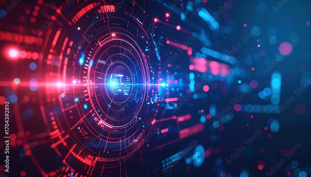 Poster digital futuristic technology with glowing red and blue elements, creating a sense of advanced data 