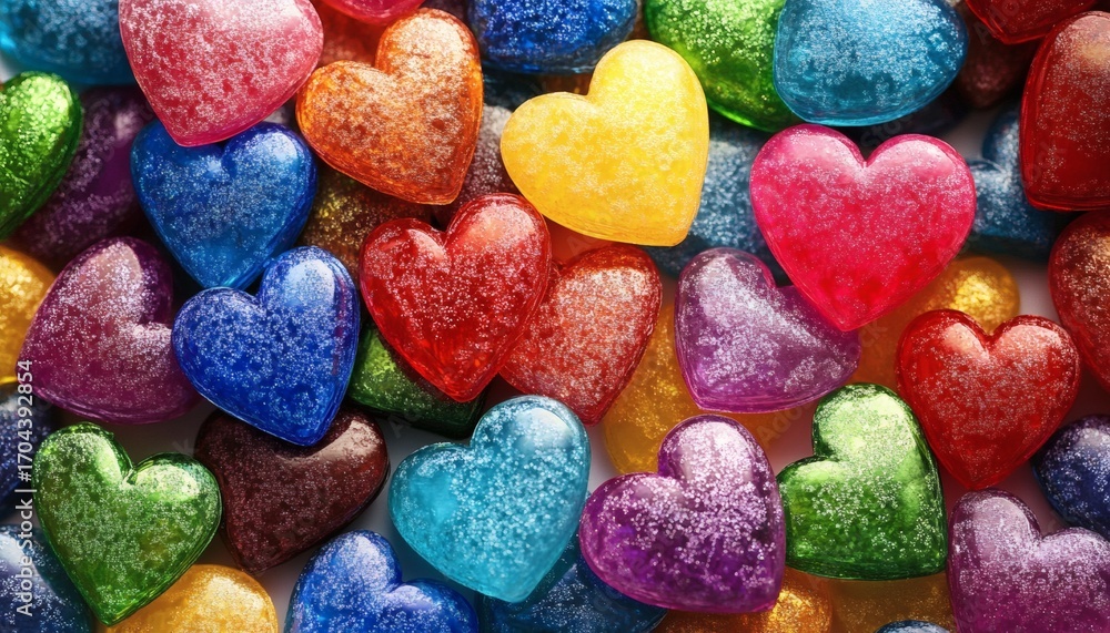 Poster many small heart-shaped objects are densely clustered together, each exhibiting a unique color and g