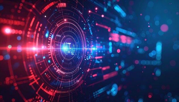 Digital futuristic technology with glowing red and blue elements, creating a sense of advanced data processing and the future of the internet.