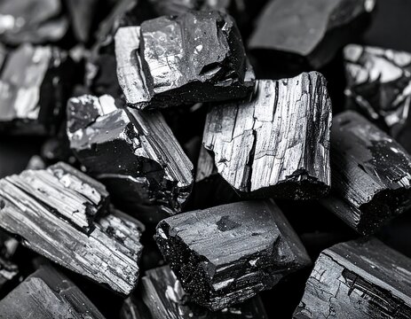 Close-up view of black charcoal briquettes