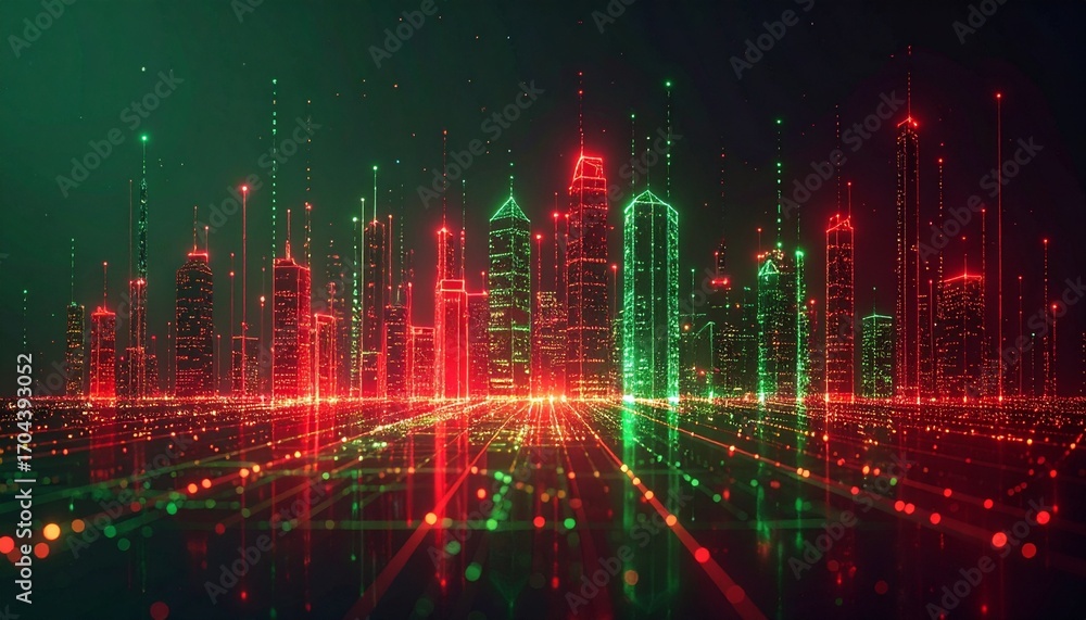Poster an illuminated futuristic cityscape at night, with digital data streams connecting buildings and str