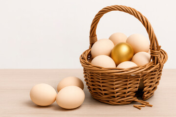 A basket with eggs and one golden egg. Space for text.