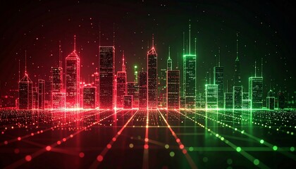 An abstract digital city rendered in red and green, symbolizing technology and innovation. The skyscrapers and city lights are presented in lines and dots.