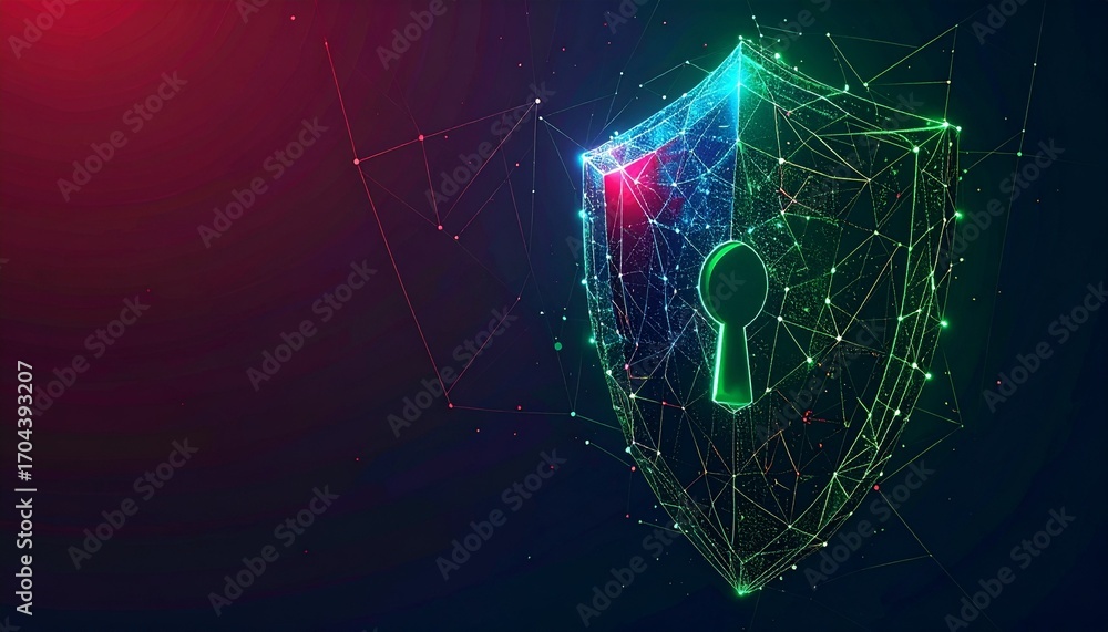 Poster a digital shield representing data security and protection, with intricate lines and connections aga