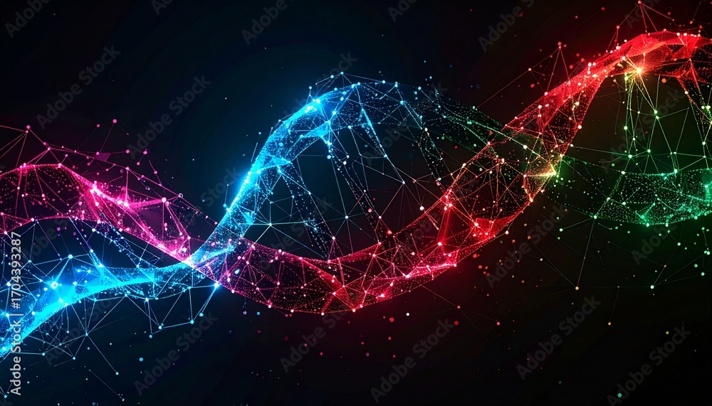 Poster abstract depiction of a vibrant dna helix structure illuminated with colorful lights against a dark 