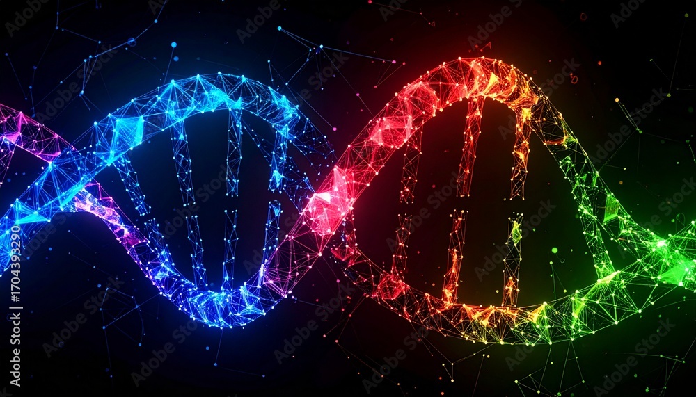 Poster a vibrant and colorful representation of a dna double helix, glowing brightly against a dark backgro