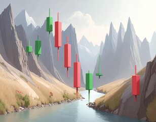 Mountain valley with candlestick charts