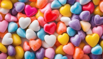 A close-up shot captures an assortment of heart-shaped candies in various colors, creating a visually appealing texture.