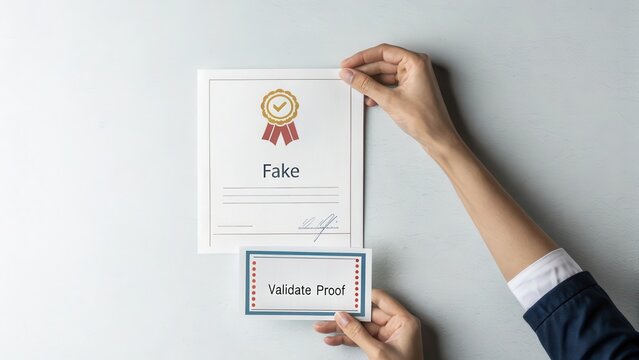 Certificate Display Featuring Word Fake and Validate Proof Card