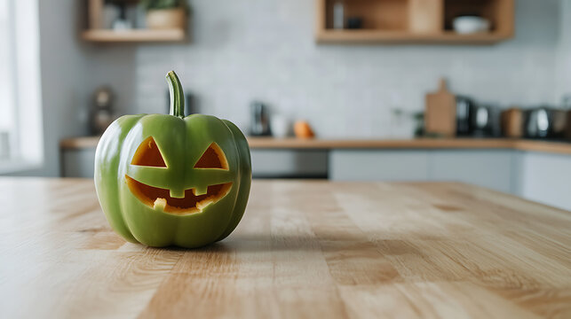 Halloween home decor: green pumpkin jack-o'-lantern on a wooden table. Simple and spooky atmosphere in the kitchen. Celebrate the festive season! - Powered by Adobe