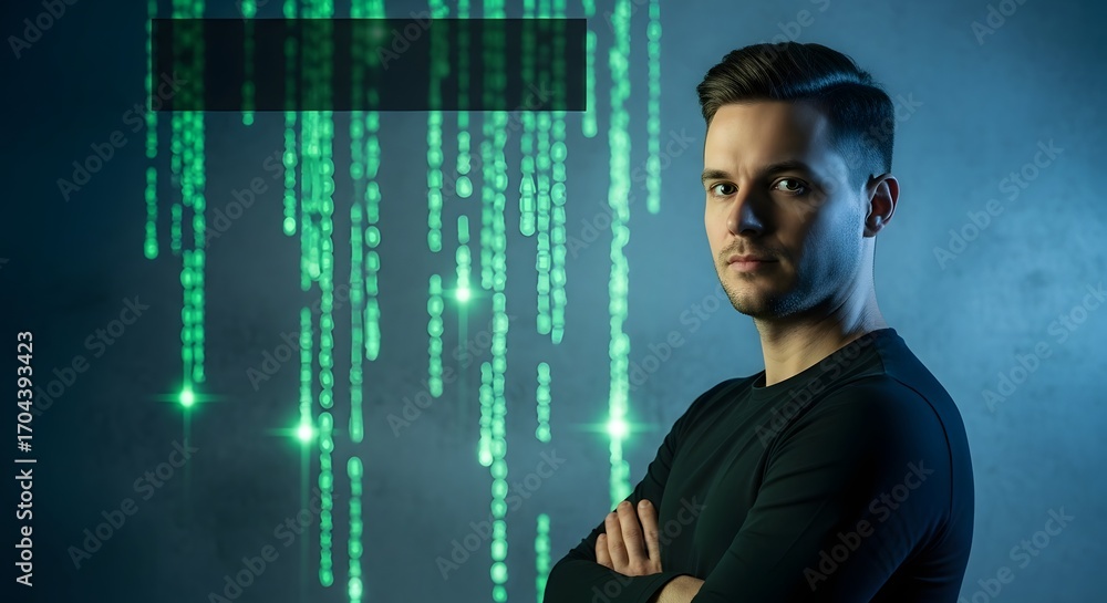 Wall mural young man with arms crossed standing in front of a digital rain effect representing technology and c
