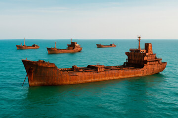 Naklejka premium Rusty ships stand in the sea.
