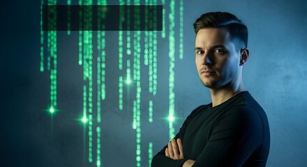 Young man with arms crossed standing in front of a digital rain effect representing technology and coding