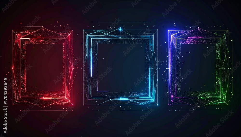 Poster three futuristic neon frames in vibrant colors against a dark background, perfect for digital design