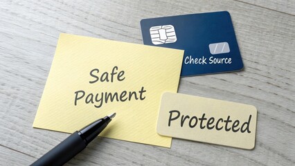Secure Payment Concept with Credit Card, Notes, and Pen on Table