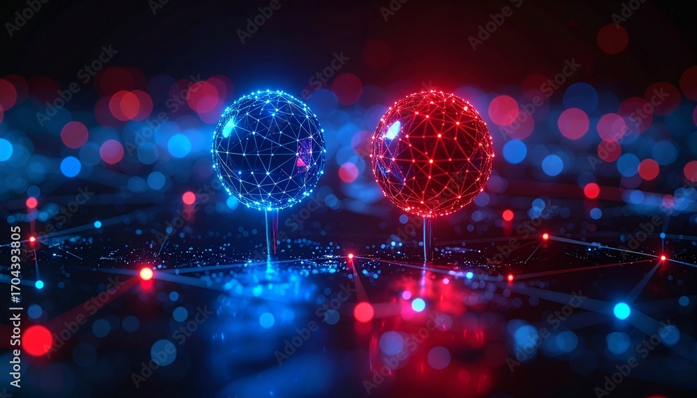Poster digital spheres connected by a network, in a vibrant display of interconnected data and technology. 